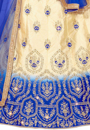 Embroidered Satin Lehenga in Beige and Royal Blue