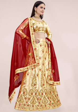 Embroidered Satin Lehenga in Beige