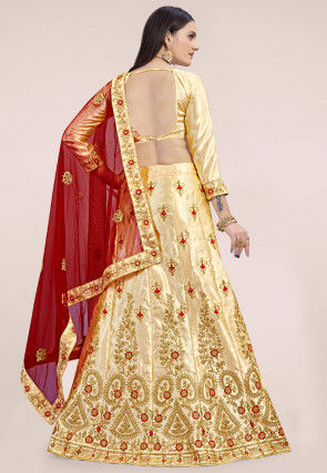 Embroidered Satin Lehenga in Beige