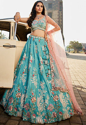 Embroidered Satin Lehenga in Blue