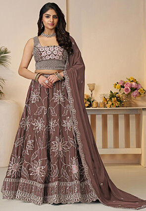 Embroidered Satin Lehenga in Brown