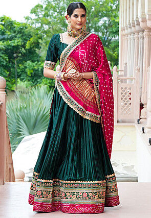 Embroidered Satin Lehenga in Dark Green