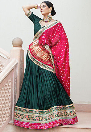 Embroidered Satin Lehenga in Dark Green