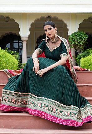 Embroidered Satin Lehenga in Dark Green