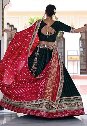 Embroidered Satin Lehenga in Dark Green