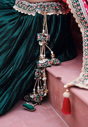 Embroidered Satin Lehenga in Dark Green