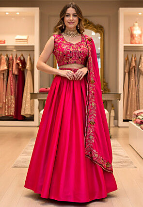 Embroidered Satin Lehenga in Fuchsia