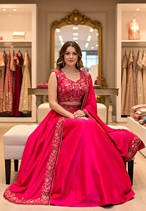 Embroidered Satin Lehenga in Fuchsia
