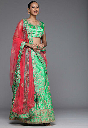 Embroidered Satin Lehenga in Green