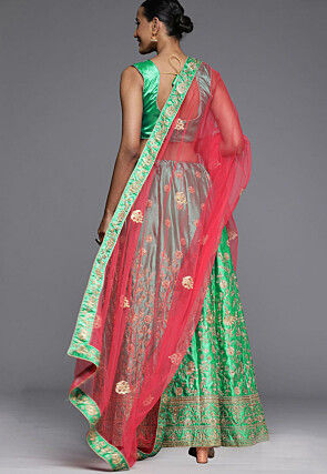 Embroidered Satin Lehenga in Green