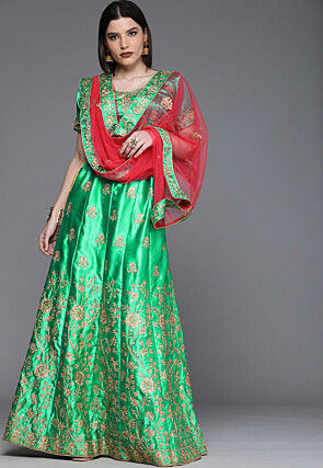 Embroidered Satin Lehenga in Green