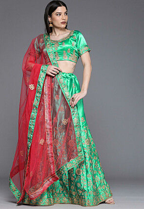 Embroidered Satin Lehenga in Green