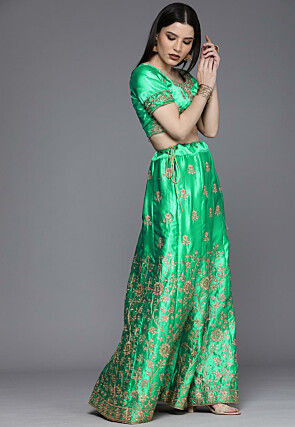 Embroidered Satin Lehenga in Green