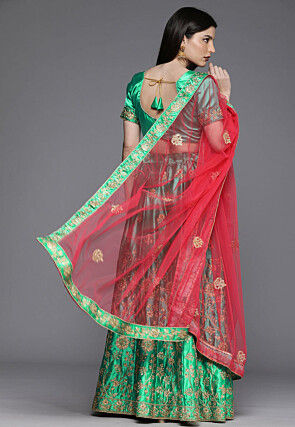 Embroidered Satin Lehenga in Green