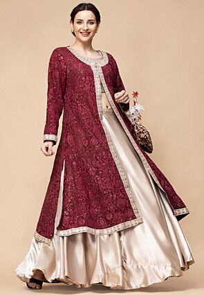Embroidered Satin Lehenga in Light Beige