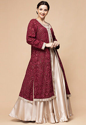 Embroidered Satin Lehenga in Light Beige