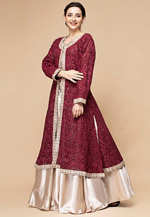 Embroidered Satin Lehenga in Light Beige