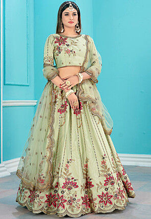 Embroidered Satin Lehenga in Light Olive Green