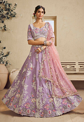 Embroidered Satin Lehenga in Light Purple