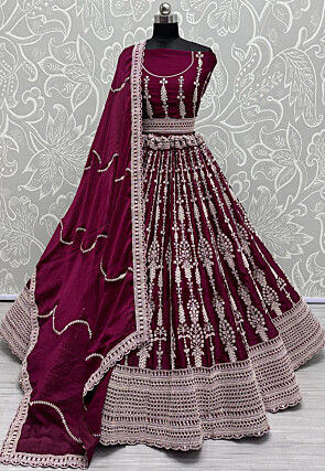 Embroidered Satin Lehenga in Magenta