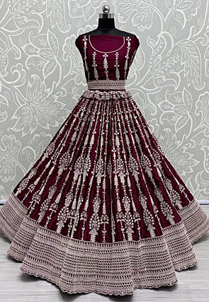 Embroidered Satin Lehenga in Magenta