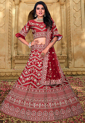Embroidered Satin Lehenga in Maroon