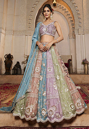 Embroidered Satin Lehenga in Multicolor