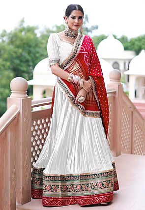 Embroidered Satin Lehenga in Off White