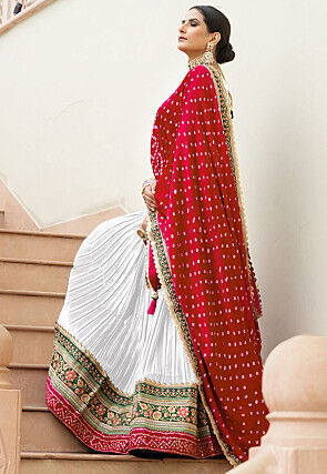 Embroidered Satin Lehenga in Off White