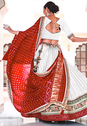 Embroidered Satin Lehenga in Off White