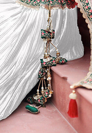 Embroidered Satin Lehenga in Off White