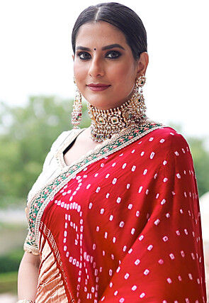 Embroidered Satin Lehenga in Off White