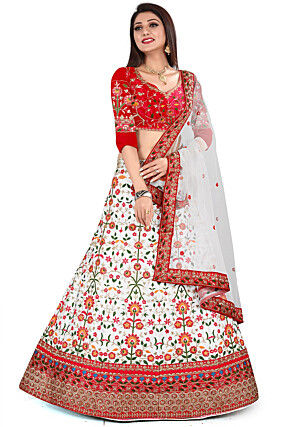 Embroidered Satin Lehenga in Off White