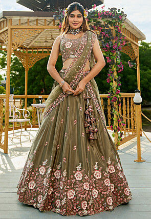 Embroidered Satin Lehenga in Olive Green