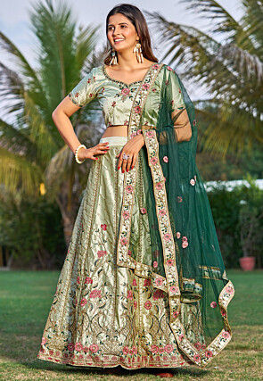 Embroidered Satin Lehenga in Pastel Green