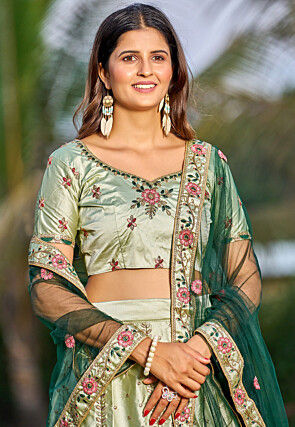 Embroidered Satin Lehenga in Pastel Green