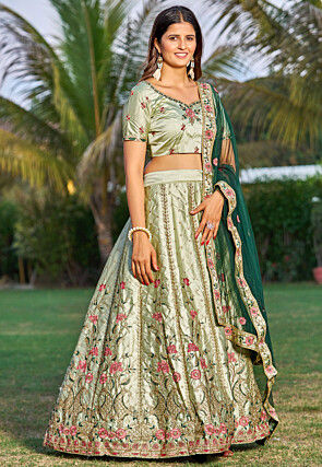 Embroidered Satin Lehenga in Pastel Green