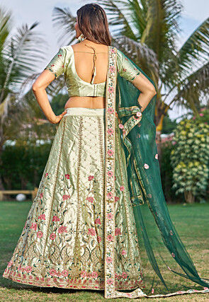 Embroidered Satin Lehenga in Pastel Green