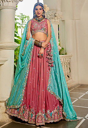 Embroidered Satin Lehenga in Peach