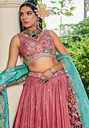 Embroidered Satin Lehenga in Peach
