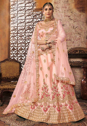 Pink Satin Embroidered Designer Wedding Lehenga Choli Online Shopping USA -