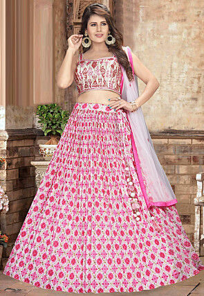Embroidered Satin Lehenga in Pink and Off White