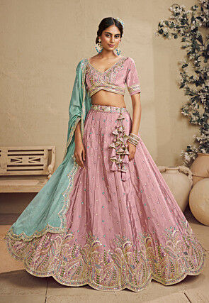 Embroidered Satin Lehenga in Pink