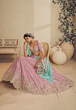 Embroidered Satin Lehenga in Pink