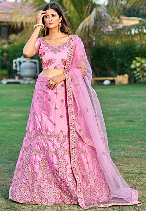 Embroidered Satin Lehenga in Pink