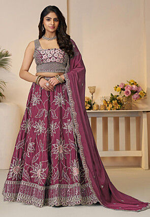 Embroidered Satin Lehenga in Pink