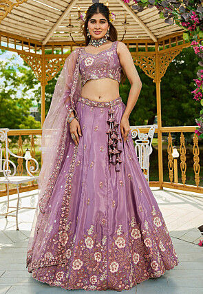 Embroidered Satin Lehenga in Purple