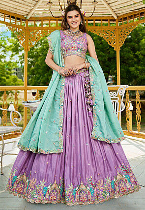 Embroidered Satin Lehenga in Purple