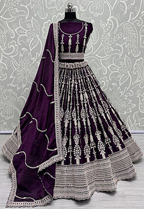 Embroidered Satin Lehenga in Purple