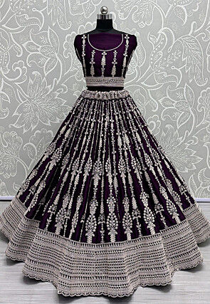 Embroidered Satin Lehenga in Purple